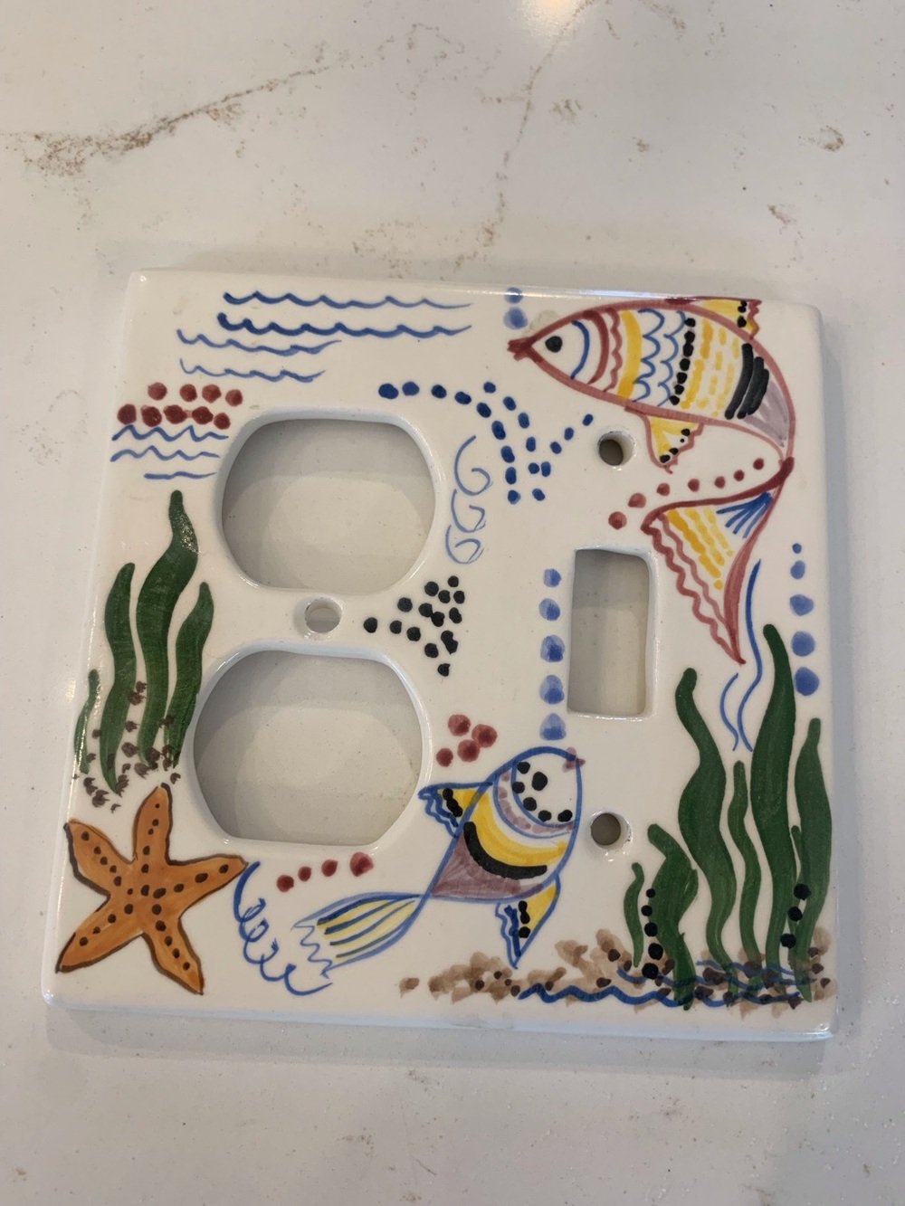 Vintage Light Switch Plate Underwater Fish Scene Porcelain Made In The USA.